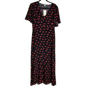 A New Day Women's Black Maxi Dress Red Lips Print V Neck Flowy Flutter Sleeve 22